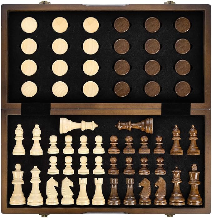 wooden chess and checkers game set